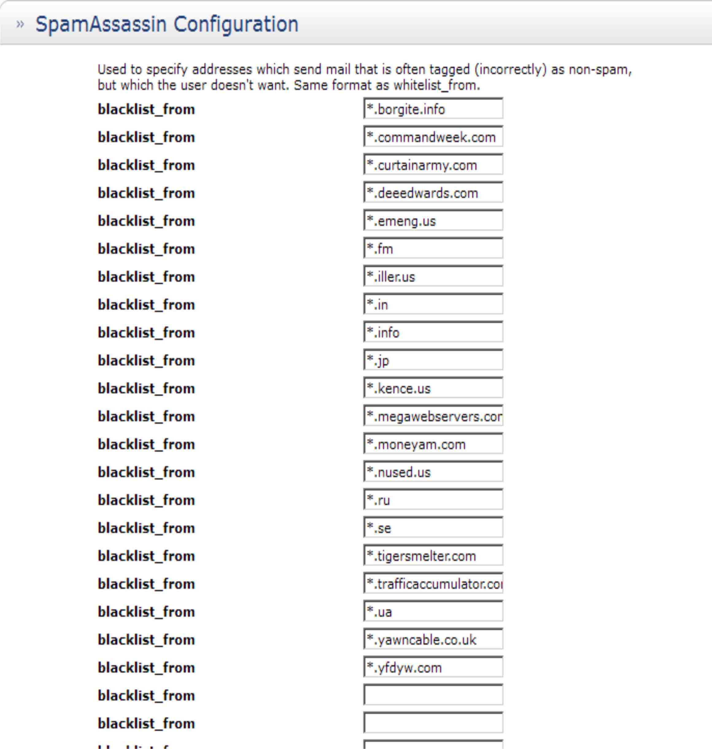 Typical Spam Assassin blacklist screen